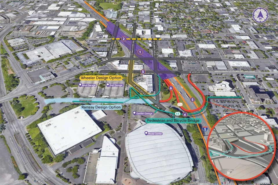 Diagram of proposed Interstate 5 improvement project in Portland, Oregon showing new freeway cap and pedestrian and bicycle bridge.